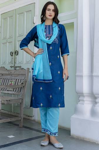 teal blended cotton festive kurta set