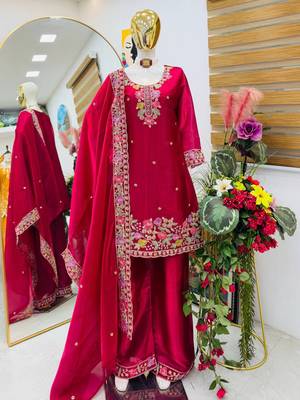 Red jimi choo embroidered palazzo suit set with dupatta 2