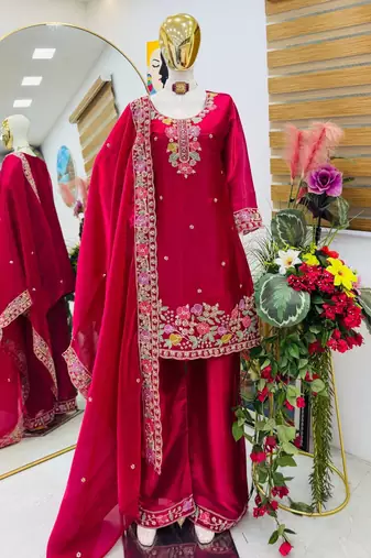Red jimi choo embroidered palazzo suit set with dupatta