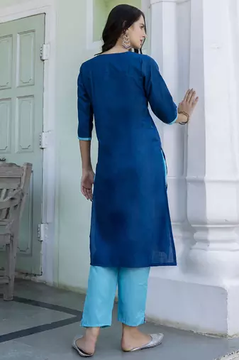 teal blended cotton festive kurta set
