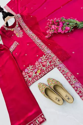 Red jimi choo embroidered palazzo suit set with dupatta