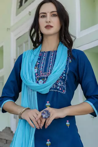 teal blended cotton festive kurta set