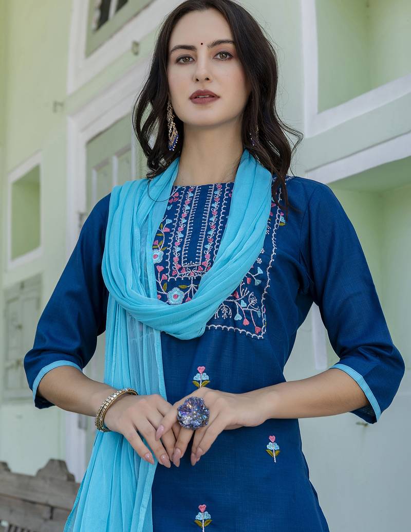 teal blended cotton festive kurta set