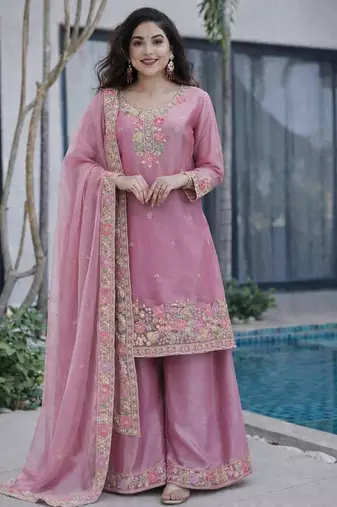 Pink jimi choo embroidered palazzo suit set with dupatta