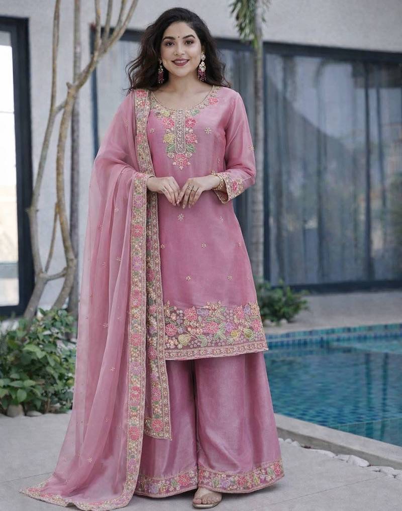 Pink jimi choo embroidered palazzo suit set with dupatta