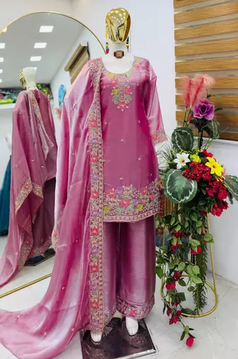 Pink jimi choo embroidered palazzo suit set with dupatta
