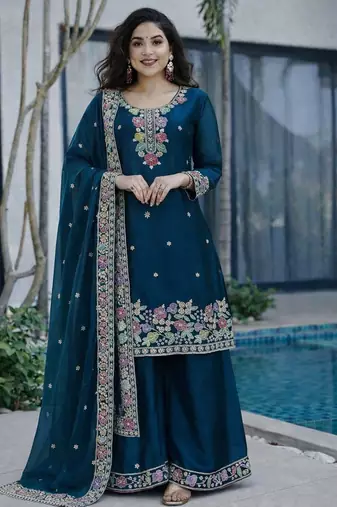 Teal blue jimi choo embroidered palazzo suit set with dupatta