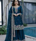 Teal blue jimi choo embroidered palazzo suit set with dupatta