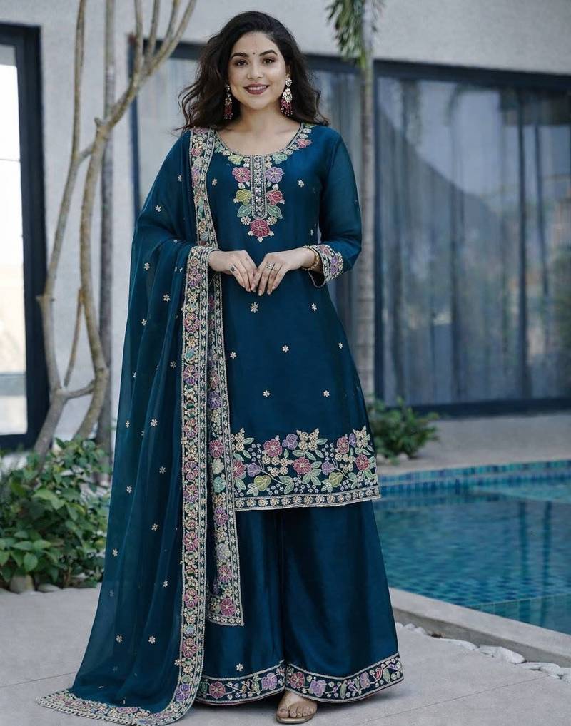 Teal blue jimi choo embroidered palazzo suit set with dupatta