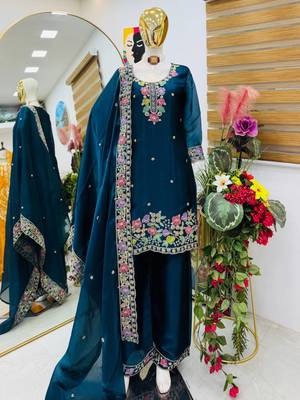 Teal blue jimi choo embroidered palazzo suit set with dupatta 2