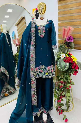 Teal blue jimi choo embroidered palazzo suit set with dupatta