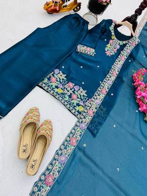 Teal blue jimi choo embroidered palazzo suit set with dupatta 3