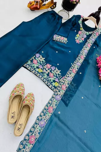 Teal blue jimi choo embroidered palazzo suit set with dupatta