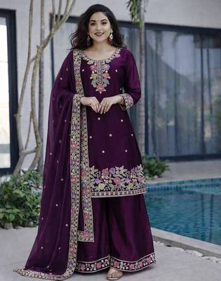 Wine jimi choo embroidered palazzo suit set with dupatta 1