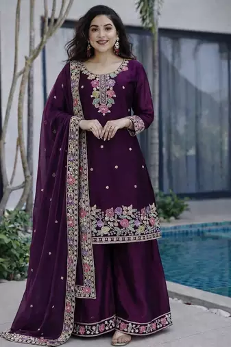 Wine jimi choo embroidered palazzo suit set with dupatta