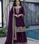 Wine jimi choo embroidered palazzo suit set with dupatta