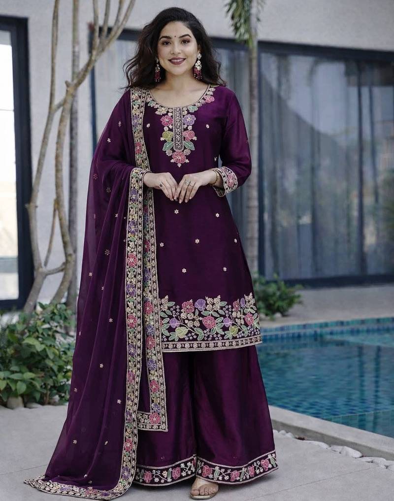 Wine jimi choo embroidered palazzo suit set with dupatta
