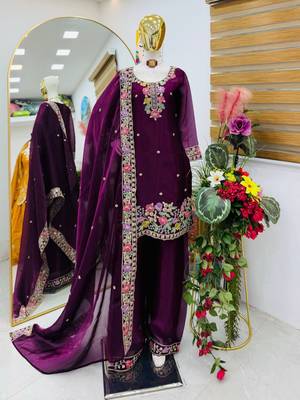 Wine jimi choo embroidered palazzo suit set with dupatta 2