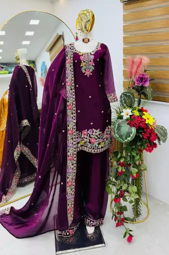 Wine jimi choo embroidered palazzo suit set with dupatta