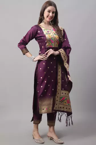purple jacquard festive kurta set