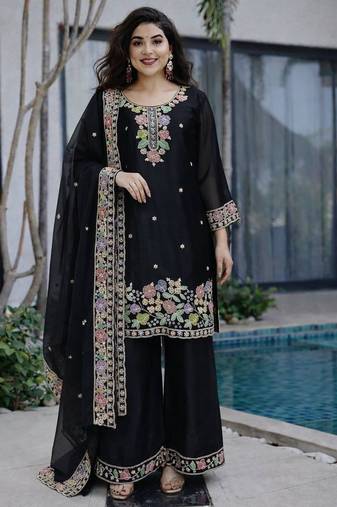 Black jimi choo embroidered palazzo suit set with dupatta