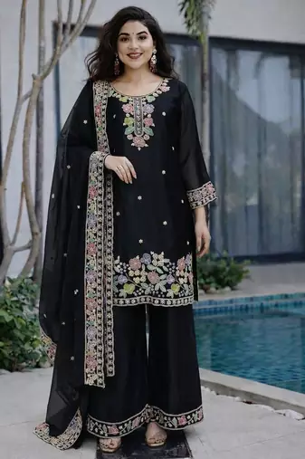Black jimi choo embroidered palazzo suit set with dupatta