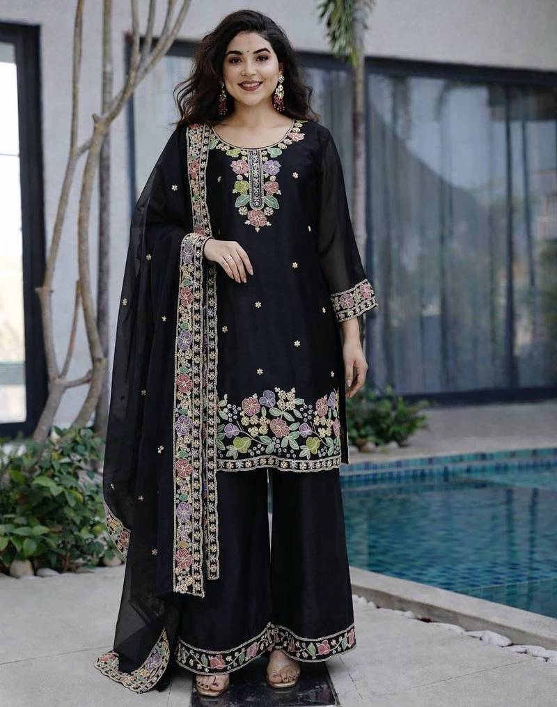 Black jimi choo embroidered palazzo suit set with dupatta