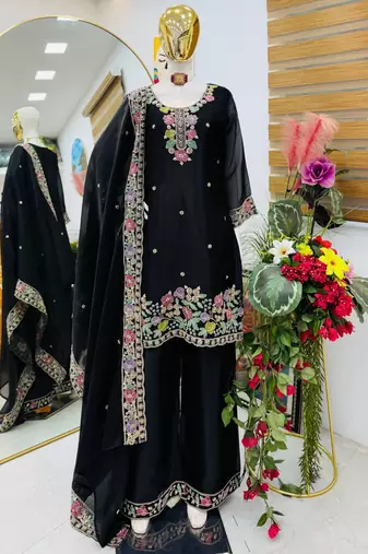 Black jimi choo embroidered palazzo suit set with dupatta