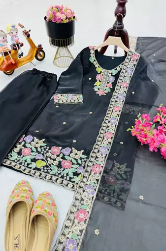 Black jimi choo embroidered palazzo suit set with dupatta