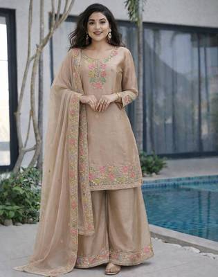 Beige jimi choo embroidered palazzo suit set with dupatta 1