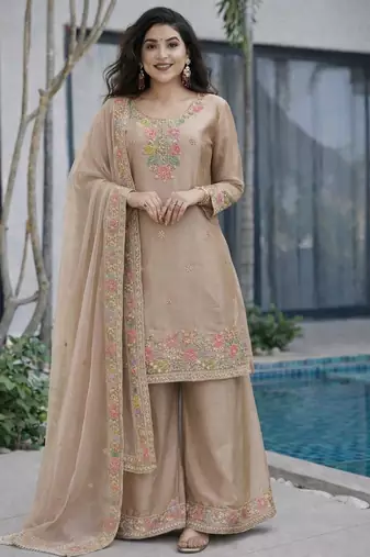 Beige jimi choo embroidered palazzo suit set with dupatta