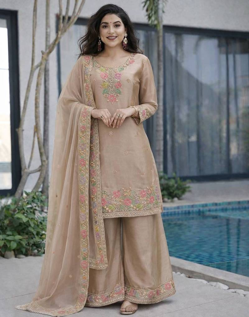 Beige jimi choo embroidered palazzo suit set with dupatta