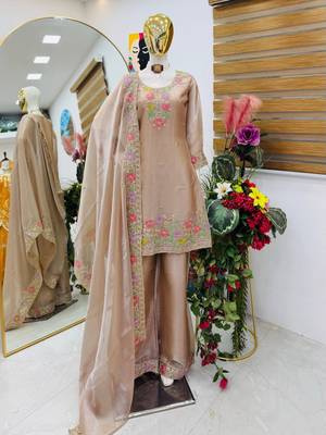 Beige jimi choo embroidered palazzo suit set with dupatta 2