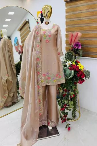 Beige jimi choo embroidered palazzo suit set with dupatta