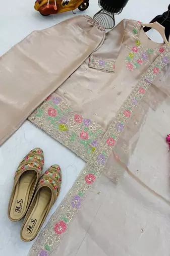 Beige jimi choo embroidered palazzo suit set with dupatta