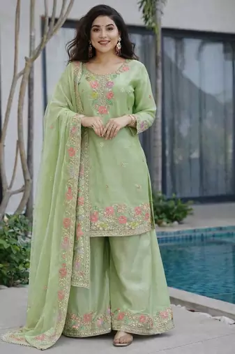 Green jimi choo embroidered palazzo suit set with dupatta