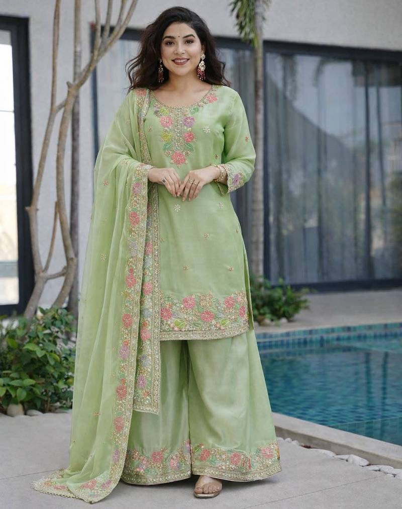 Green jimi choo embroidered palazzo suit set with dupatta