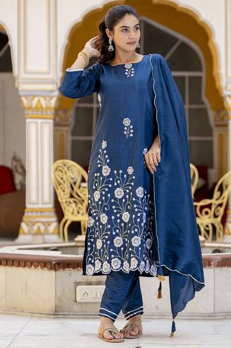 teal cotton silk festive kurta set