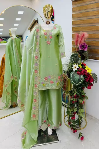 Green jimi choo embroidered palazzo suit set with dupatta