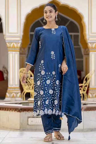 teal cotton silk festive kurta set