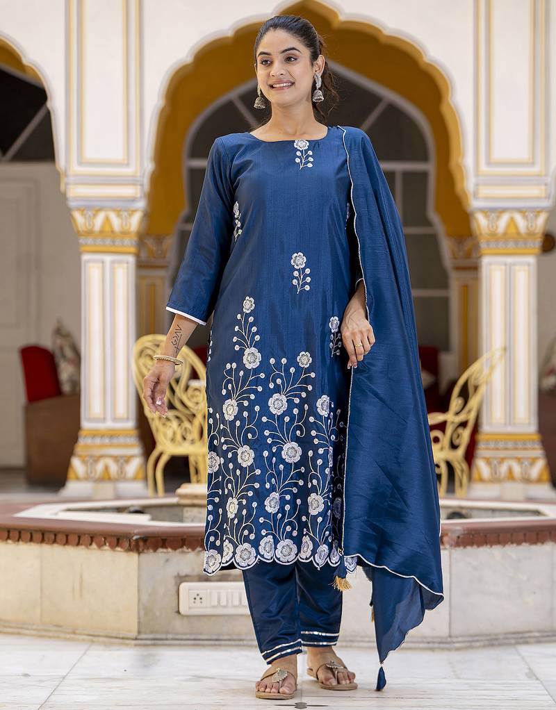 teal cotton silk festive kurta set