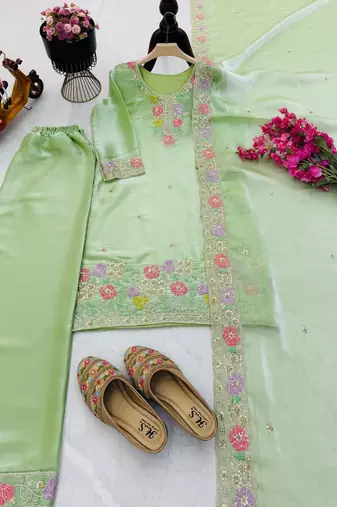 Green jimi choo embroidered palazzo suit set with dupatta