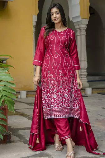 pink cotton silk festive kurta set