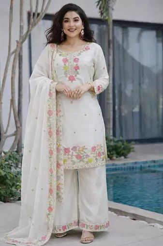 White jimi choo embroidered palazzo suit set with dupatta