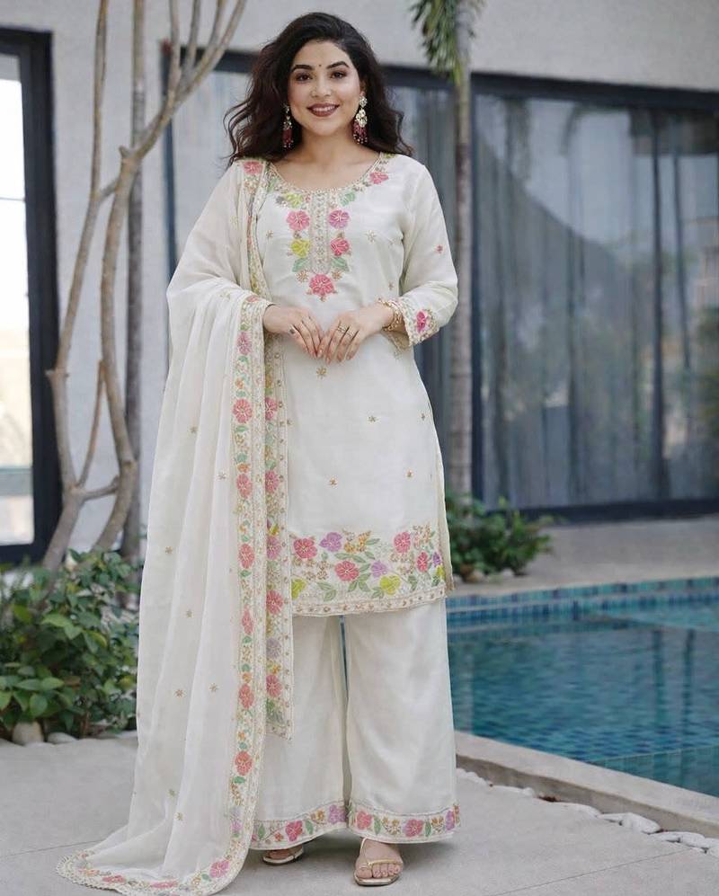 White jimi choo embroidered palazzo suit set with dupatta
