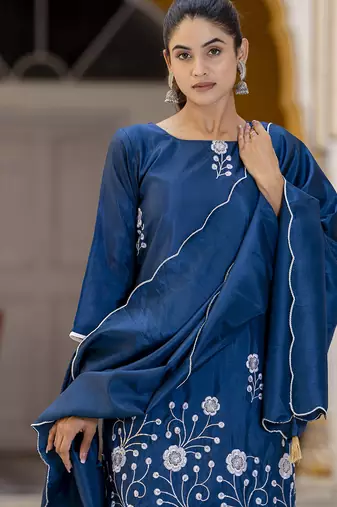 teal cotton silk festive kurta set