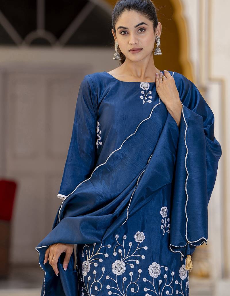 teal cotton silk festive kurta set