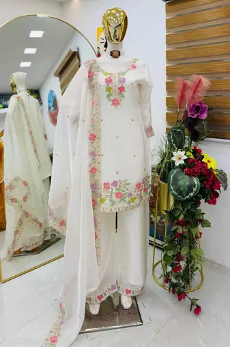 White jimi choo embroidered palazzo suit set with dupatta