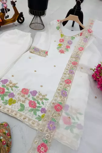 White jimi choo embroidered palazzo suit set with dupatta