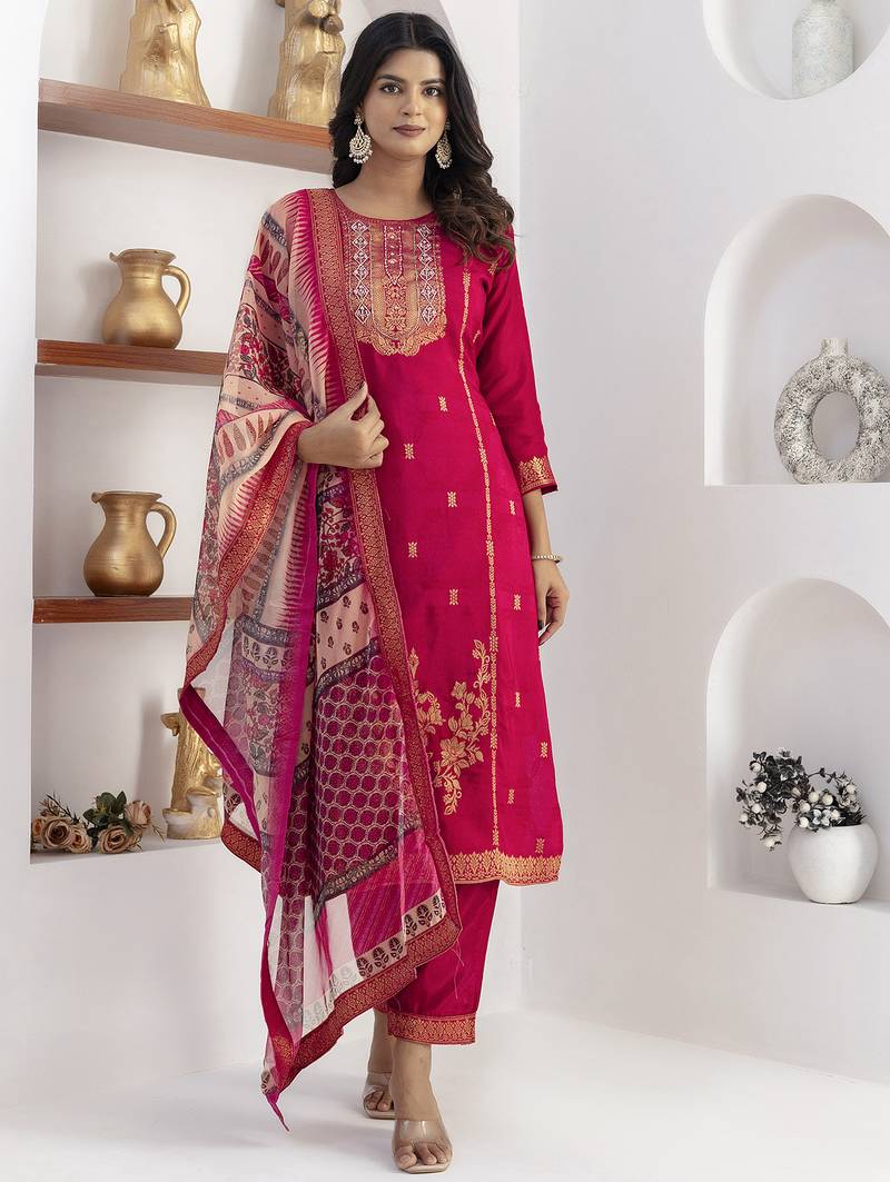 pink jacquard festive kurta set